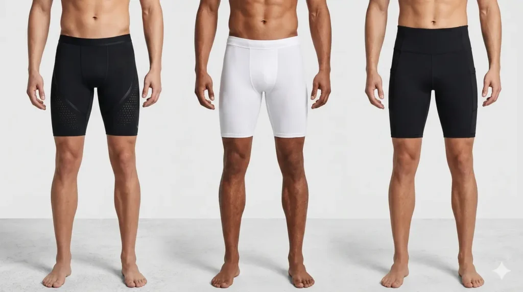 Three mannequins stand in a gym, each wearing a different pair of compression shorts. From left to right: black Nike AeroSwift shorts with intricate perforations and seams, white Under Armour HeatGear shorts with flatlock seams, and black Baleaf shorts with a wider waistband and side pockets.