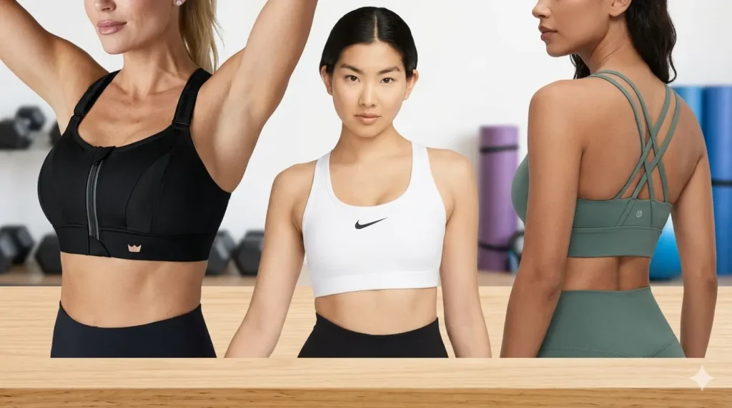 Three women model different sports bras: a black SheFit high-impact bra, a white Nike swoosh bra, and a sage green CRZ YOGA strappy bra.