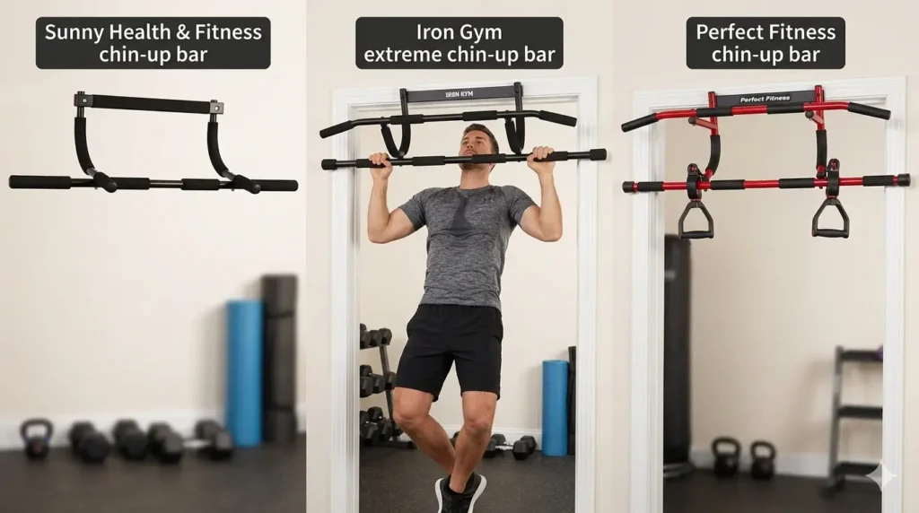 An athletic man performs a dynamic pull-up on a doorway bar in a home gym.
