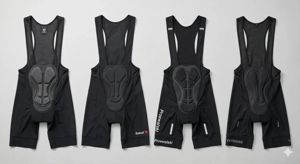 Comparison image of CEROTIPOLAR vs Baleaf vs Przewalski vs YKYWBIKE cycling bibs