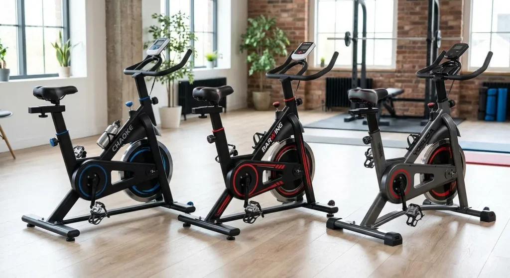 Comparison image of CHAOKE vs BARWING vs YOSUDA Spin Bikes