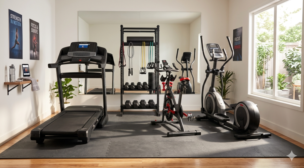 A short summary of the main points. A brightly-lit home gym featuring a treadmill, bike, and elliptical on black mats, complete with an organized storage rack and mirror.