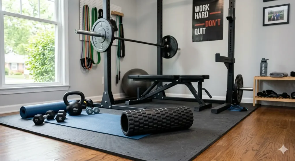 Foam roller in home gym setup