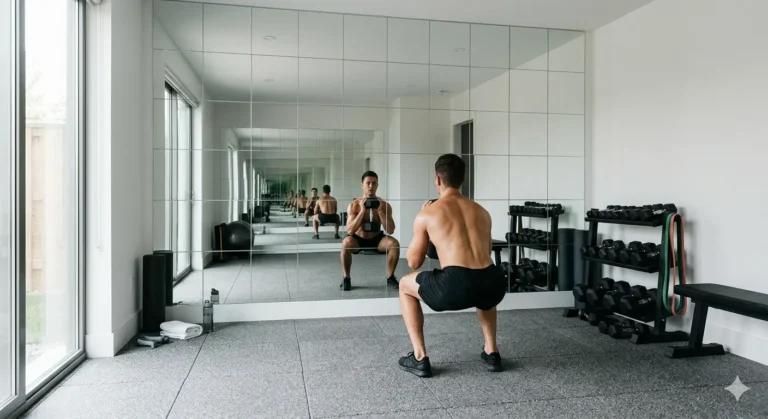 A bright, minimalist modern home gym featuring a large wall covered in frameless square mirror tiles. A fit man is performing a goblet squat with a dumbbell, checking his form in the reflection. The room has grey rubber flooring, a black dumbbell rack, a workout bench, and a large glass door that lets in natural light. The mirror wall creates a sense of depth, making the clean, white-walled fitness space appear much larger.