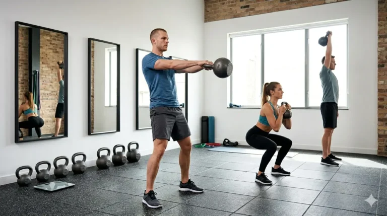 Person performing kettlebell exercises in a bright home gym.