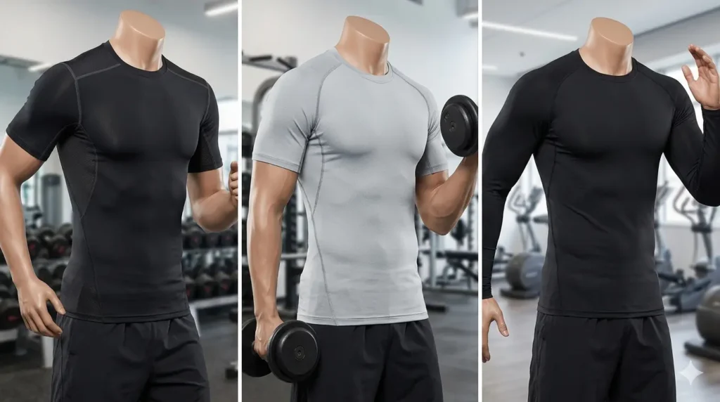 Three black short-sleeved compression shirts are displayed on three male-torso mannequins arranged in a row. They are positioned inside a modern gym, with blurred weight equipment, a barbell with weights on a stand, a power rack, and windows visible in the background. The mannequins are angled slightly, showing the tight fit and seams of the performance fabric against the dark, carpeted floor. A faint glow from natural light comes through the windows on the left.