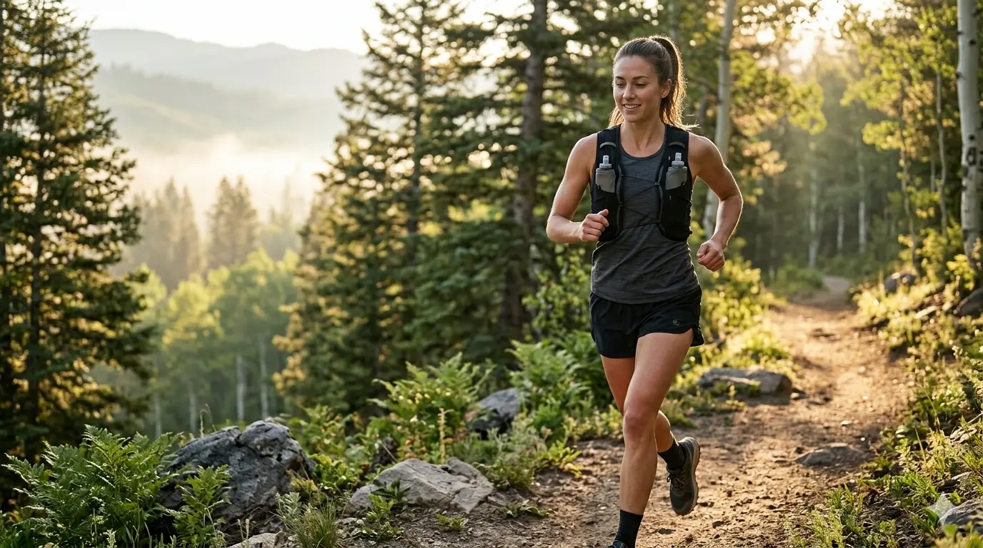 A fit woman runs along a sunlit dirt trail through a coniferous forest at dawn. She wears a sleek, black, minimalist hydration vest with soft flasks in the front pockets over a dark grey tank top and black shorts. The morning light creates a soft glow through the trees and misty mountains in the background, with the composition leaving open space on the left side.