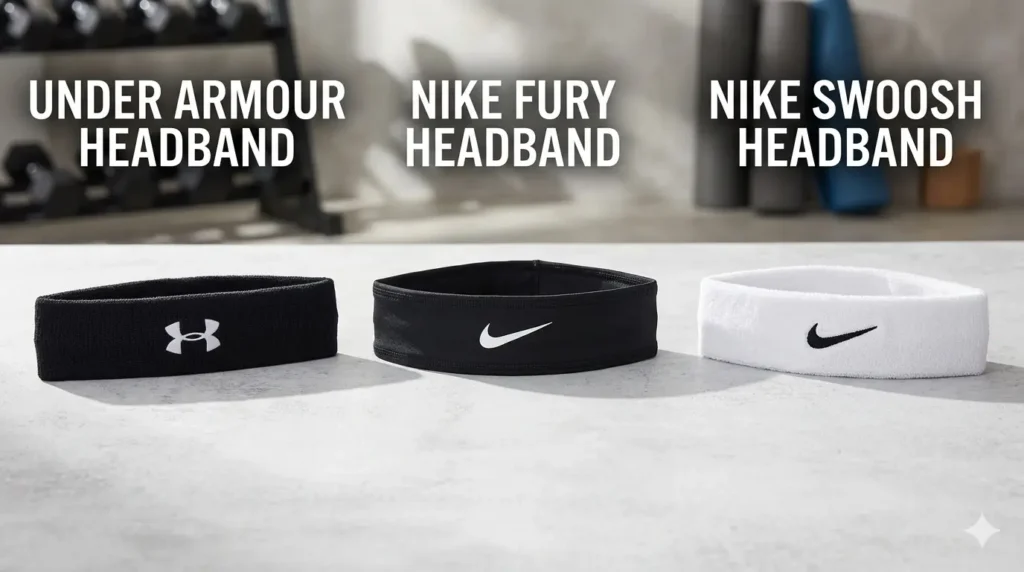 Three athletic headbands displayed on a white surface: a black Under Armour performance headband, a sleek black Nike Fury headband, and a white terry cloth Nike Swoosh headband.