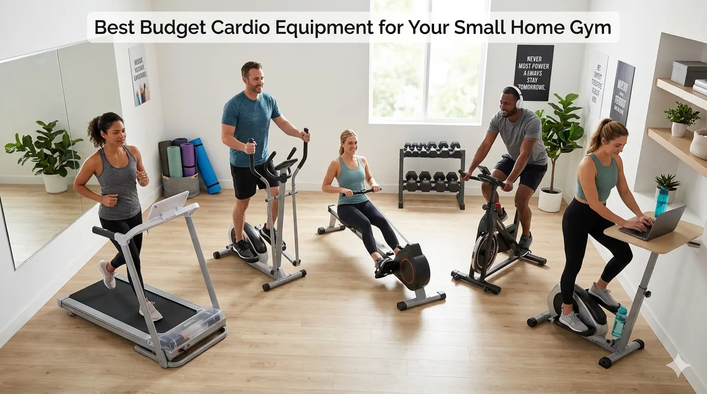 Budget-friendly cardio equipment in a small home gym, featuring people using a treadmill, elliptical, rowing machine, and exercise bike in a bright, modern space.