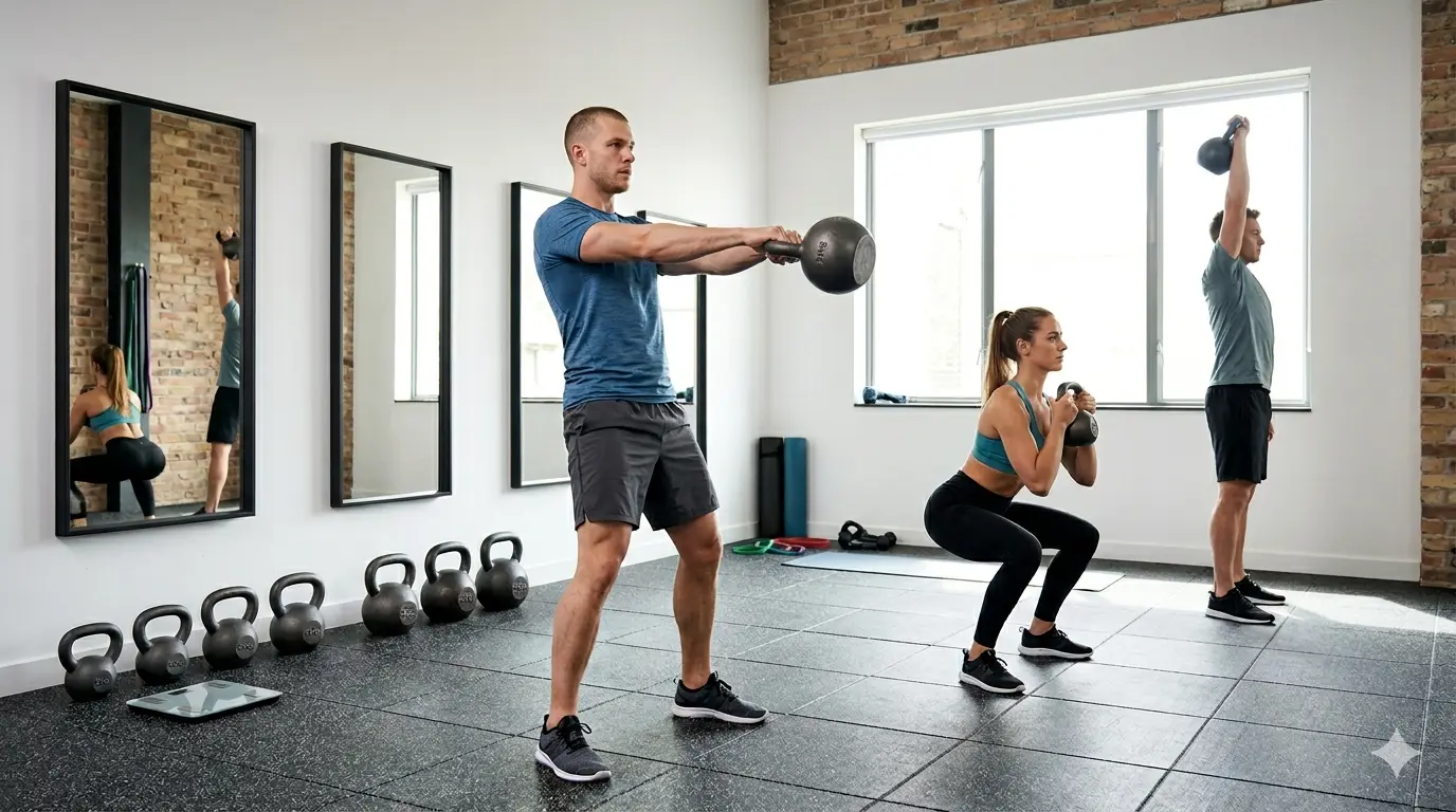 People performing kettlebell exercises in a gym, including a two-handed swing, goblet squat, and overhead press, with multiple kettlebells lined up on the floor.