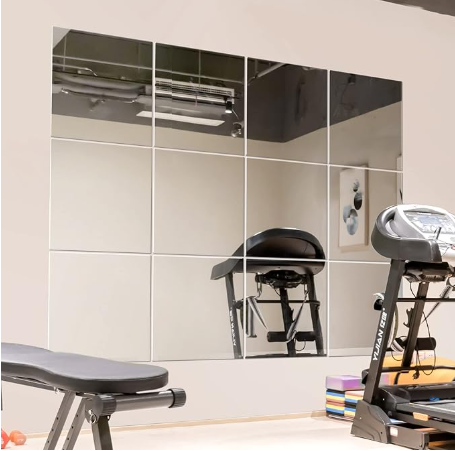 Frameless mirror tiles for garage gym