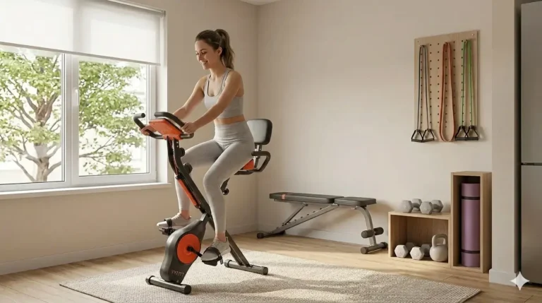 A smiling woman rides an exercise bike in a home gym.