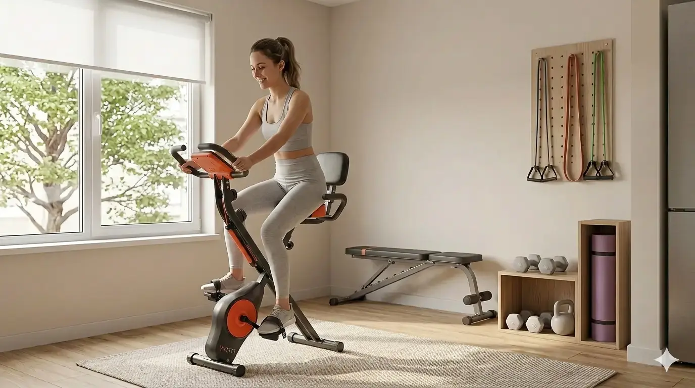A smiling woman rides an exercise bike in a home gym.