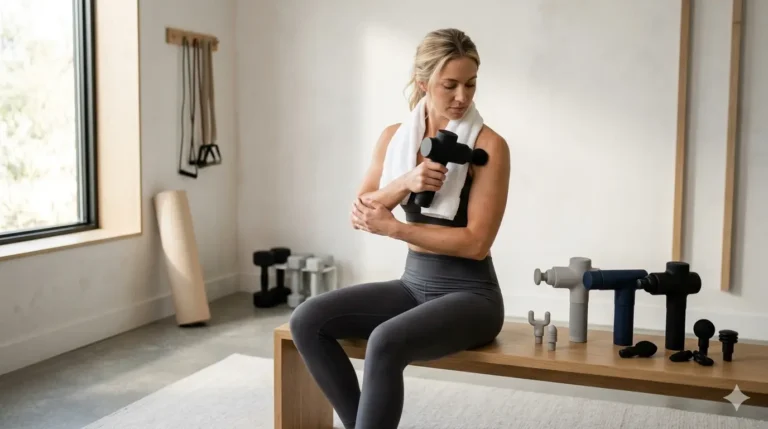 A woman in fitness attire sits on a wooden bench in a bright, minimalist home gym, using a black percussion massage gun on her shoulder.