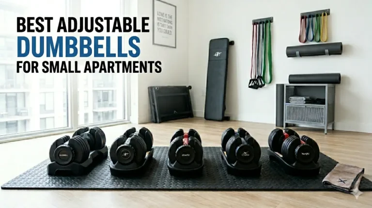 Adjustable dumbbells on a mat in a bright apartment gym with the text "BEST ADJUSTABLE DUMBBELLS FOR SMALL APARTMENTS."