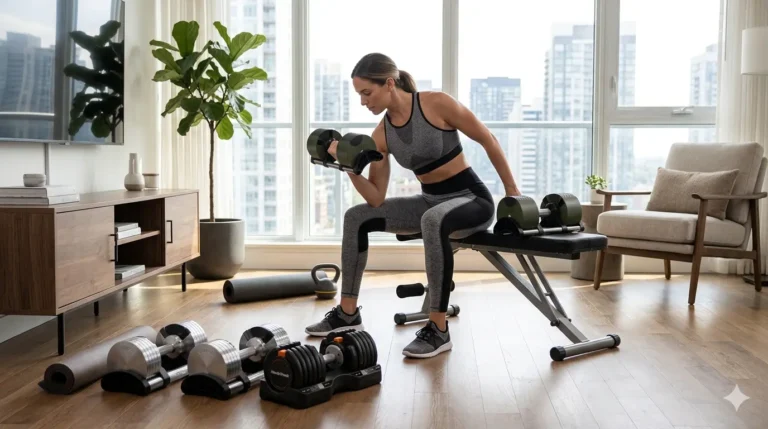 A woman in a sunlit apartment sits on a weight bench performing a bicep curl with an adjustable dumbbell. Various adjustable dumbbells, a yoga mat, and a kettlebell are on the floor around her, with city buildings visible through large windows in the background.