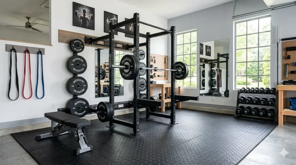 Home gym featuring power rack, barbell, and weight plates