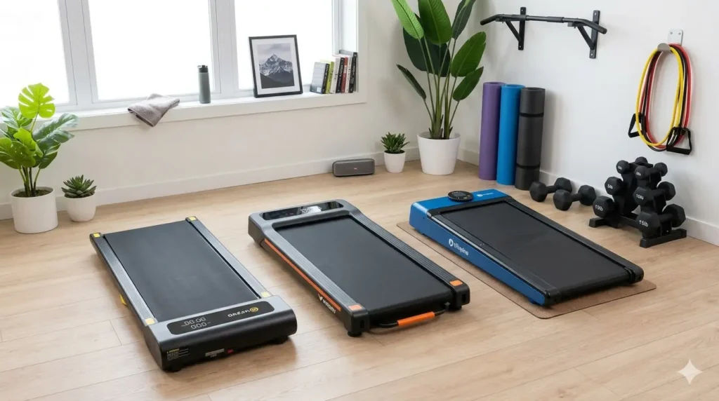Compact home gym setup with walking pad treadmill
