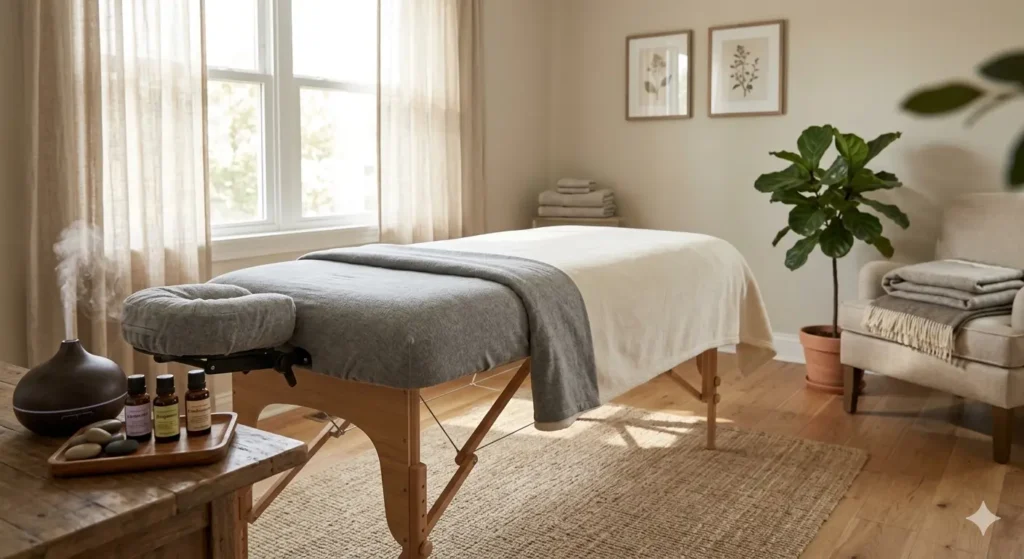 Home wellness room featuring portable massage table setup