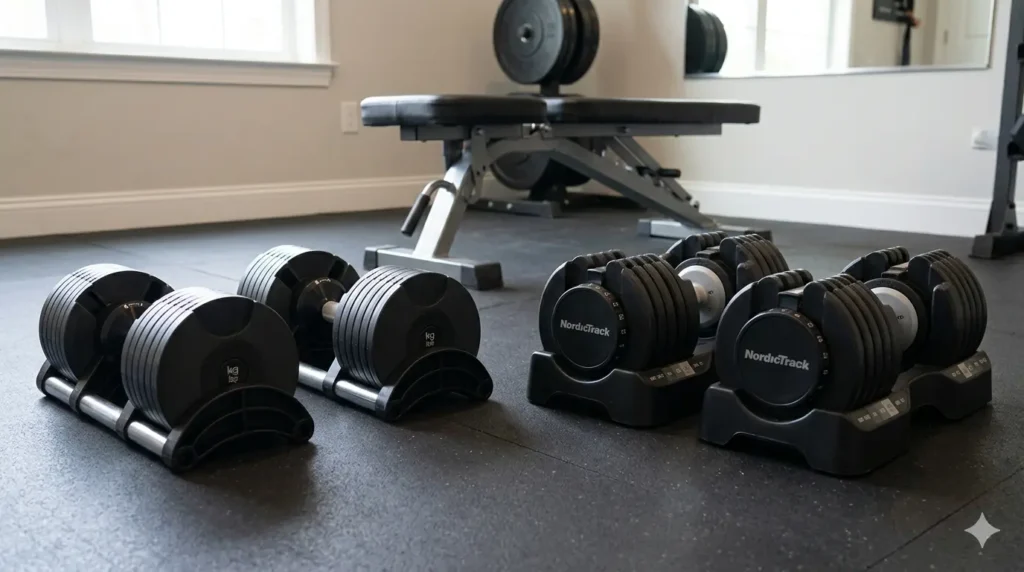 An image of two different sets of adjustable dumbbells, resembling the Nuobell and NordicTrack styles, sitting side-by-side on a black gym floor with a weight bench in the background.