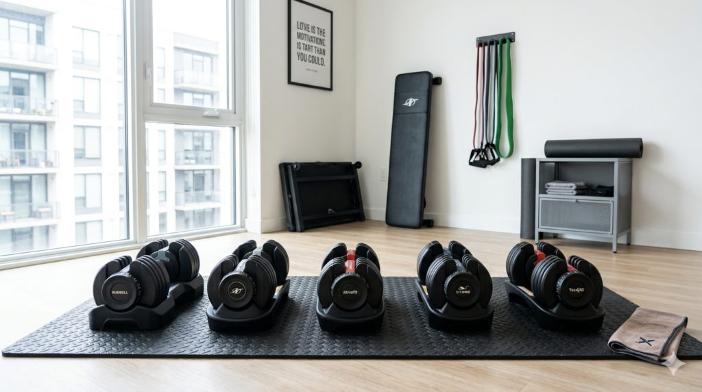 Small apartment home gym with adjustable dumbbells