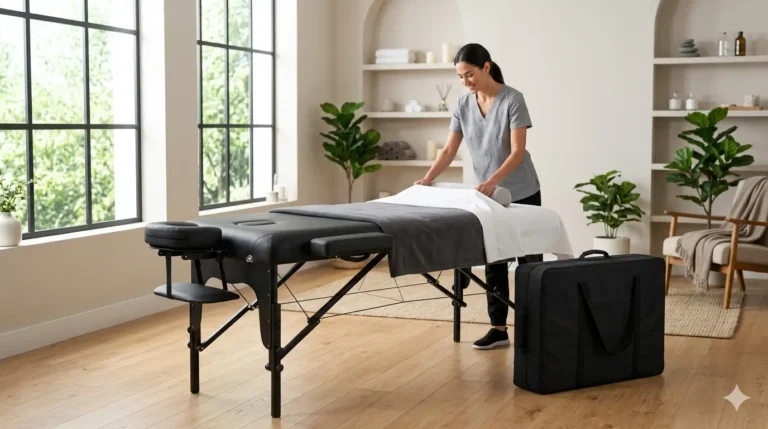 Portable massage table set up in a professional wellness studio with therapist and carrying case.