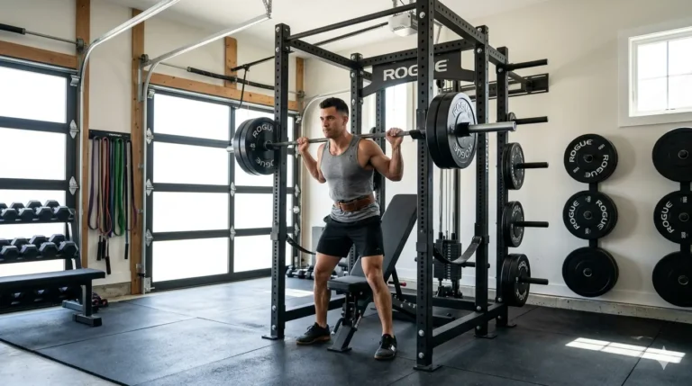 Best power rack for home gym setup featuring a power cage, weight bench, barbell, and Olympic weight plates