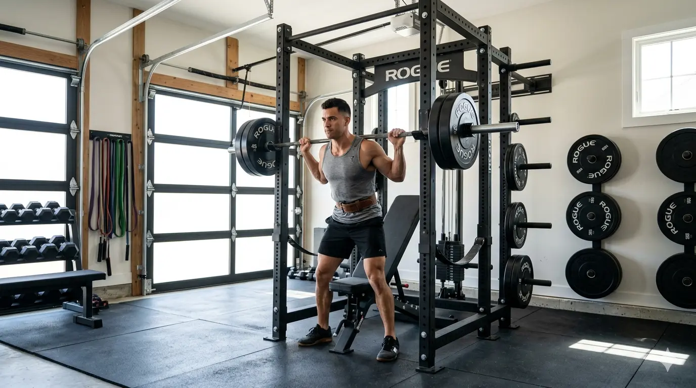 Best power rack for home gym setup featuring a power cage, weight bench, barbell, and Olympic weight plates