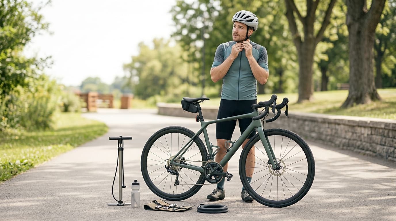 Beginner cyclist checking a bicycle and essential gear while learning to avoid common cycling mistakes