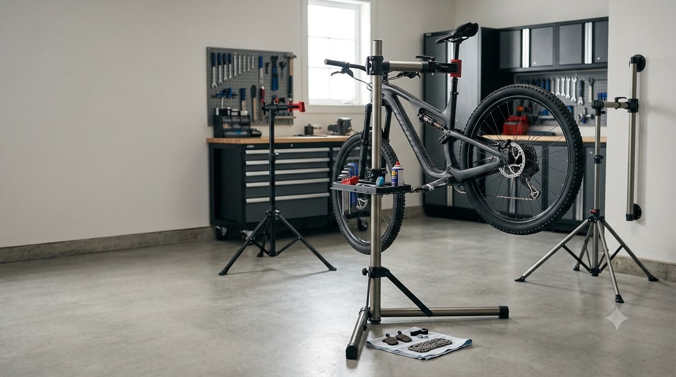 A modern garage workshop featuring a mountain bike secured on an adjustable work stand with tools on a built-in tray, alongside other bike repair stands displayed in the background.