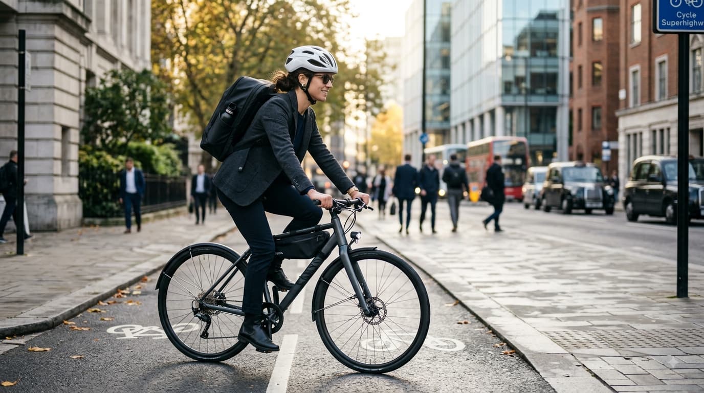 Cyclist wearing a commuter backpack while riding a bicycle through an urban street