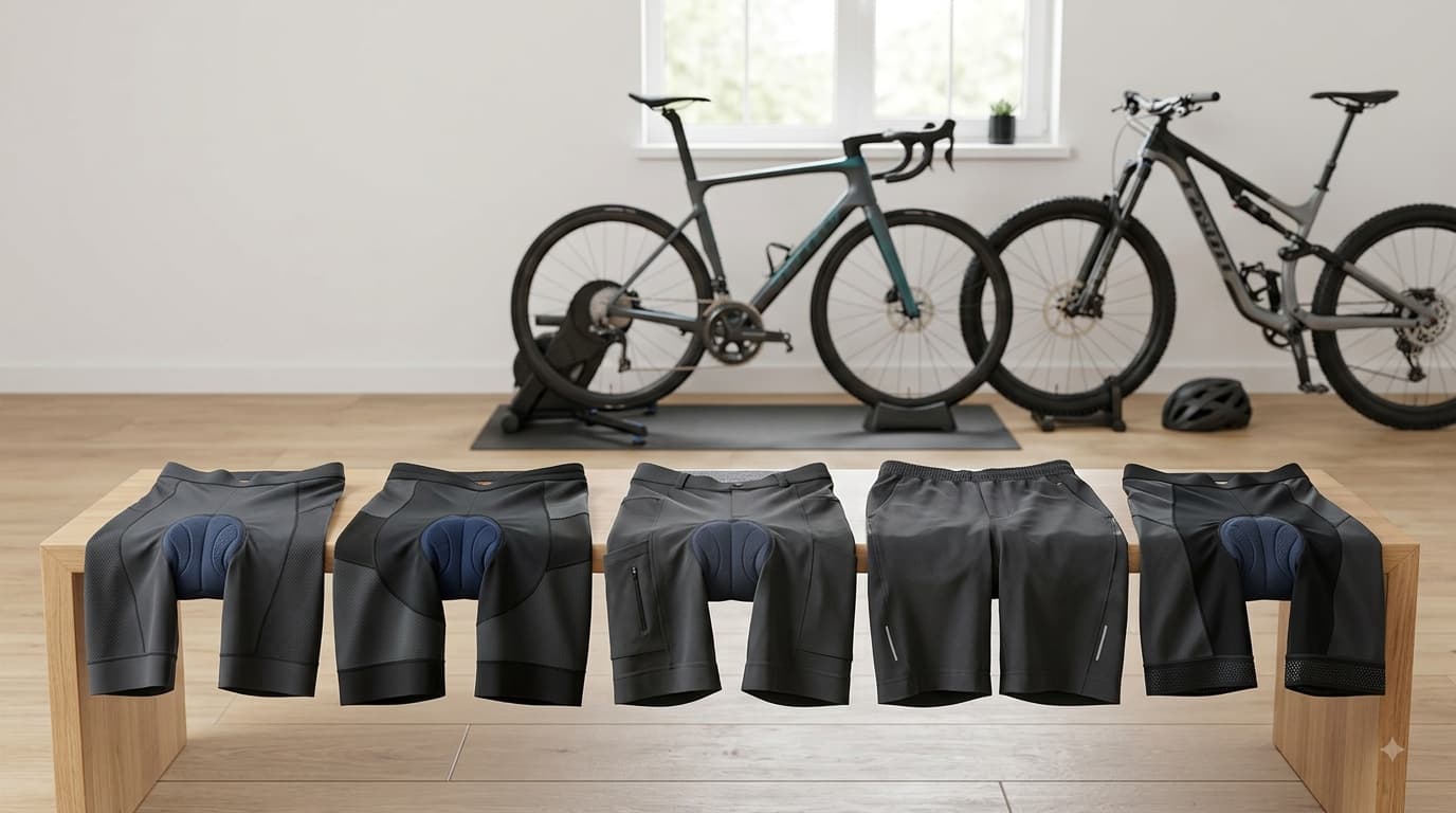 Five padded cycling shorts for road, MTB, gravel, commuting, and indoor cycling