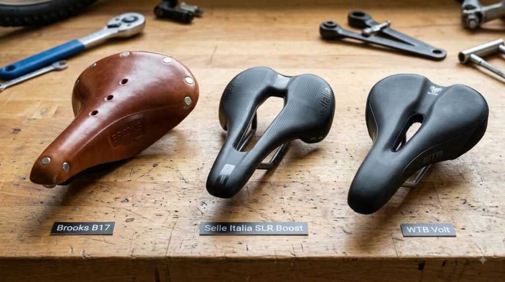 Brooks B17 versus Selle Italia SLR Boost and WTB Volt bike saddles