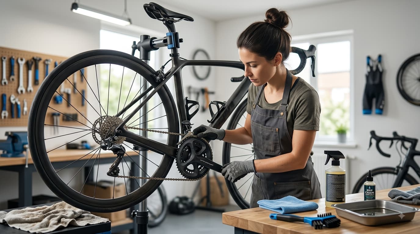 Cyclist cleaning a bicycle chain with a chain cleaning tool and degreaser