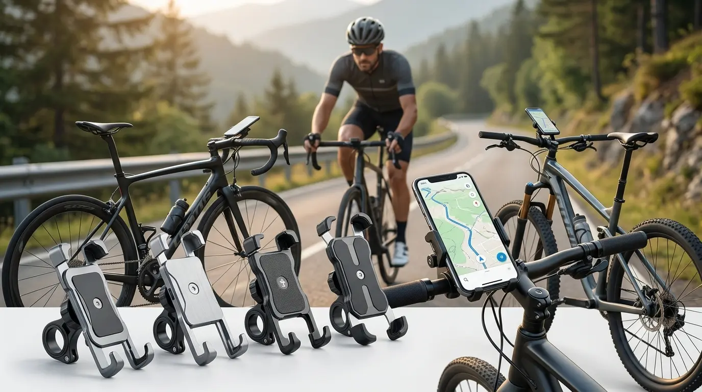 A mountain-framed road holds four distinct bike phone mounts for comparison, while an athlete rides a bike in the background, a road bike rests at the side, and a phone mounted on handlebars displays a map in the foreground.