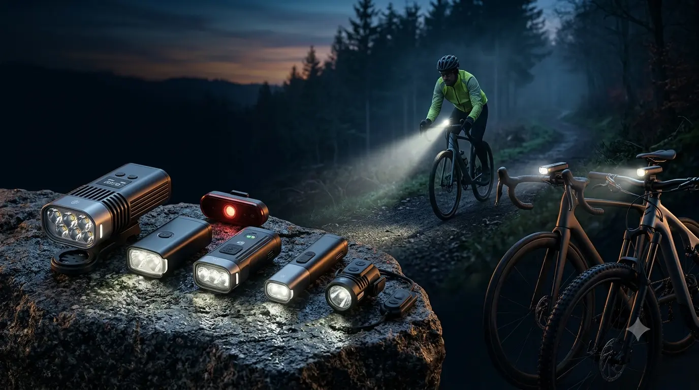 A display of illuminated bicycle headlights and a red taillight resting on a rock, with a cyclist riding along a dark, foggy forest trail in the background.