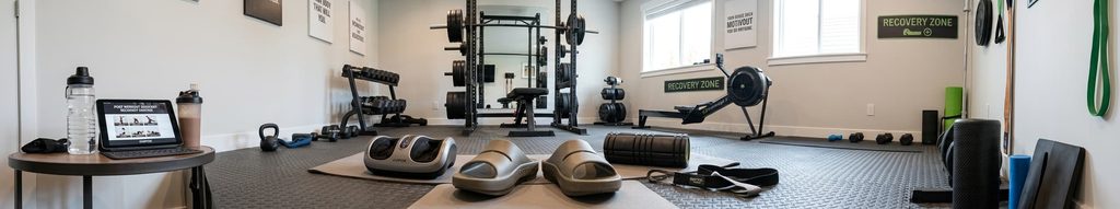 Home gym recovery setup with cushioned sandals after exercise.