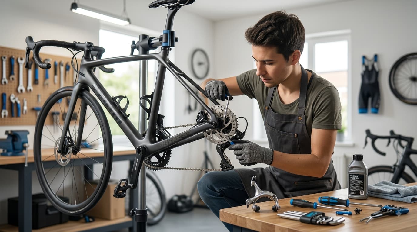 Cyclist adjusting bicycle brake caliper with an Allen wrench in a home workshop