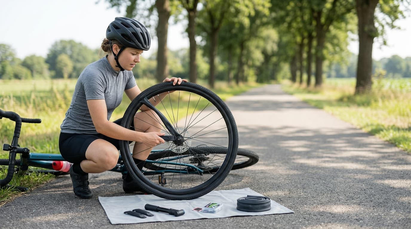 Cyclist repairing a flat bike tire with tire levers and a spare inner tube