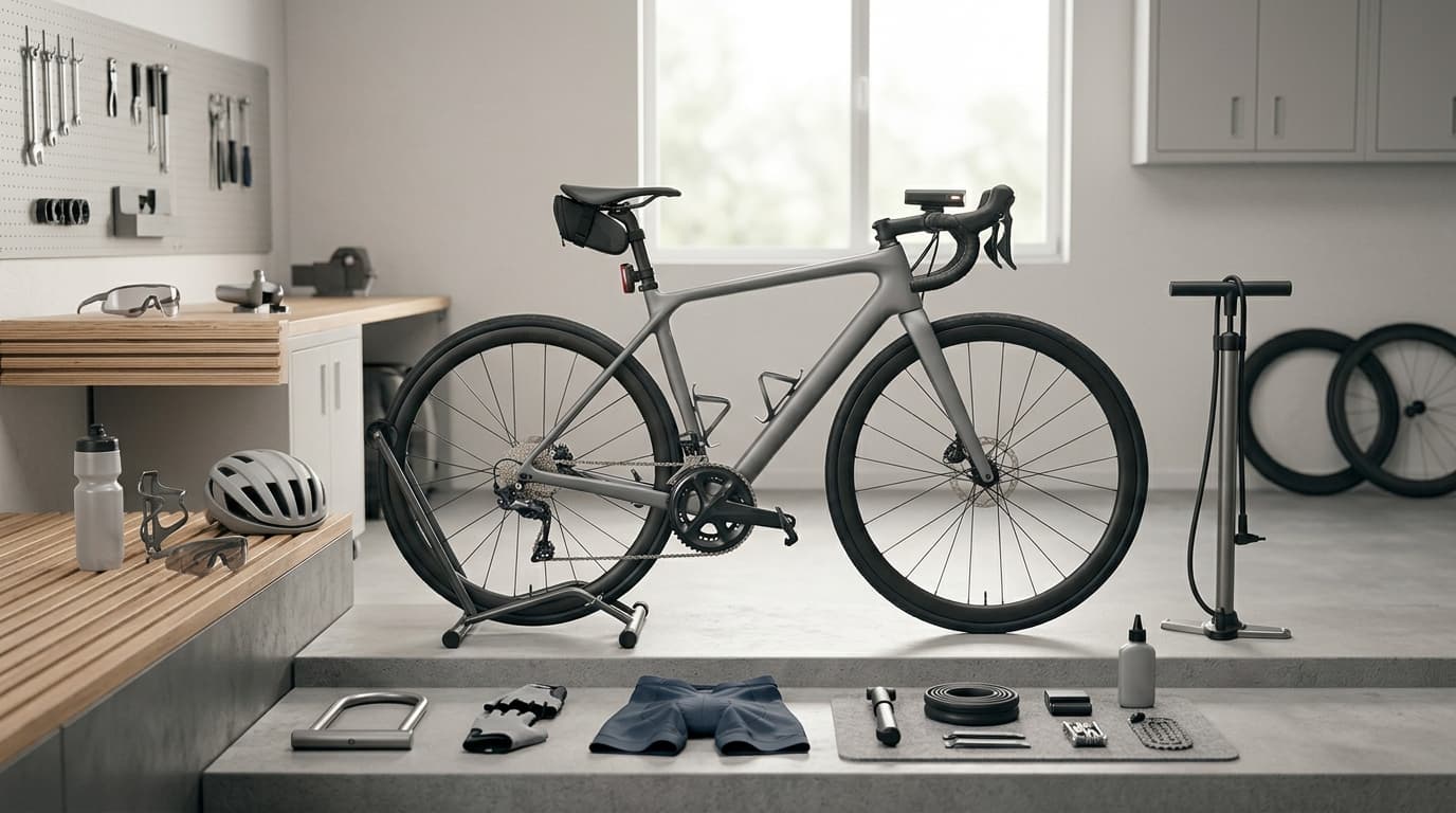 Essential cycling gear and bike accessories arranged around a bicycle for a complete gear checklist