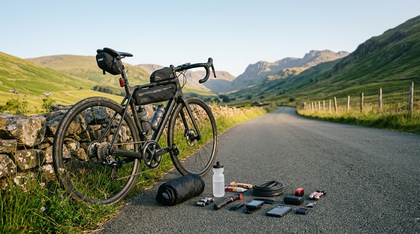 Cycling gear and repair essentials packed for a long bike ride on a road bicycle