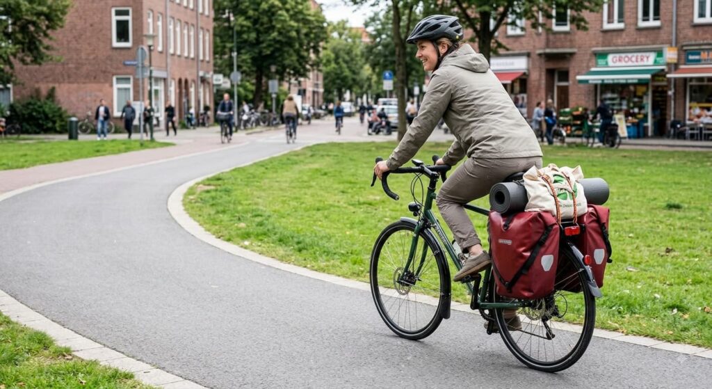 bicycle with rear pannier bags for commuting touring and grocery shopping