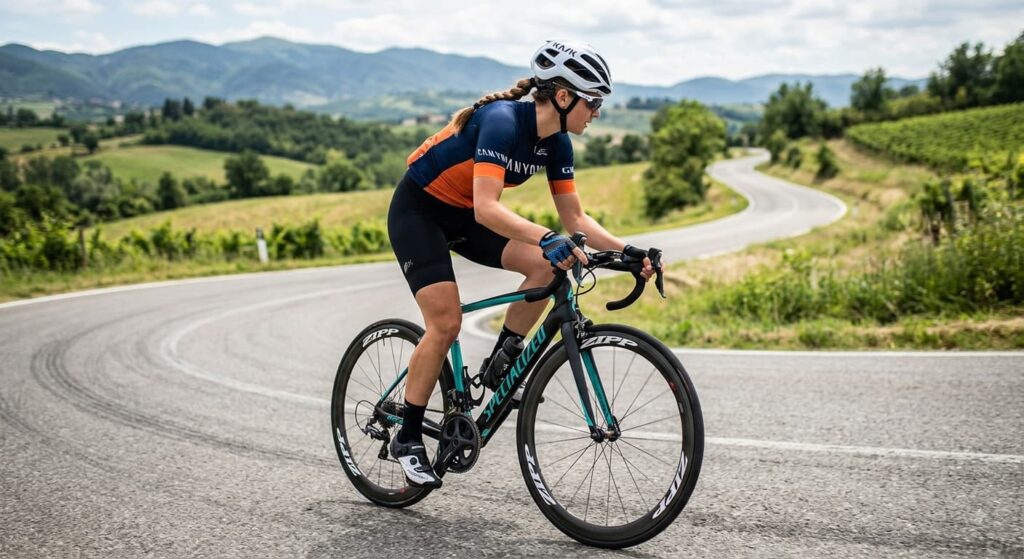 cyclist riding a road bike outdoors wearing short-finger cycling gloves