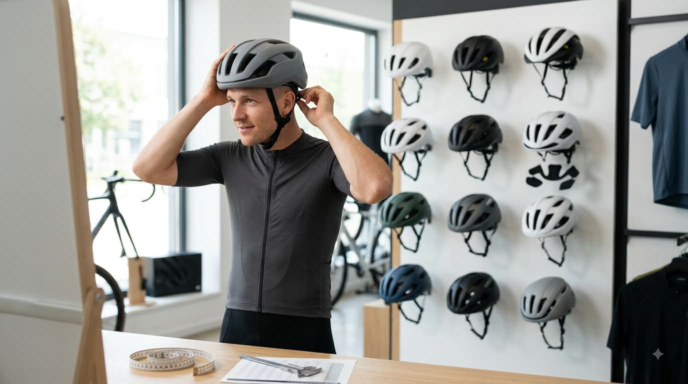 Cyclist properly adjusting a bike helmet for a secure and comfortable fit