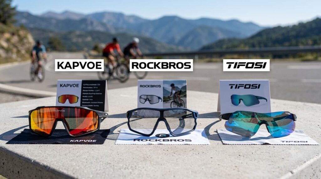 Comparison of KAPVOE, ROCKBROS, and Tifosi cycling sunglasses