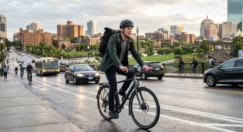 cyclist using a commuter backpack for daily bike commuting