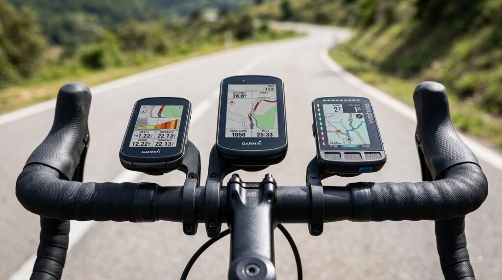 image showing the Garmin Edge 850, Garmin Edge 1050 and Wahoo ELEMNT ROAM 3 side by side on bicycle handlebars.