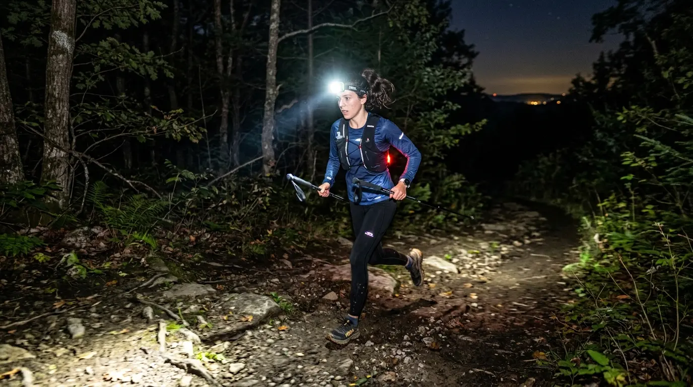 Runner wearing a headlamp on a dark trail at night