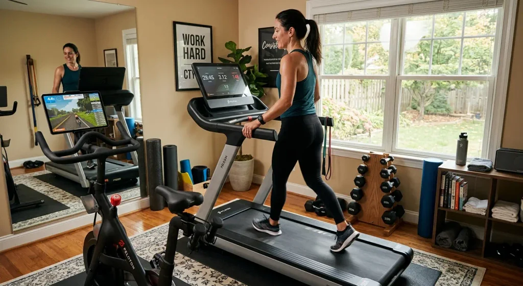Home fitness setup with cardio equipment and wearable fitness tracking