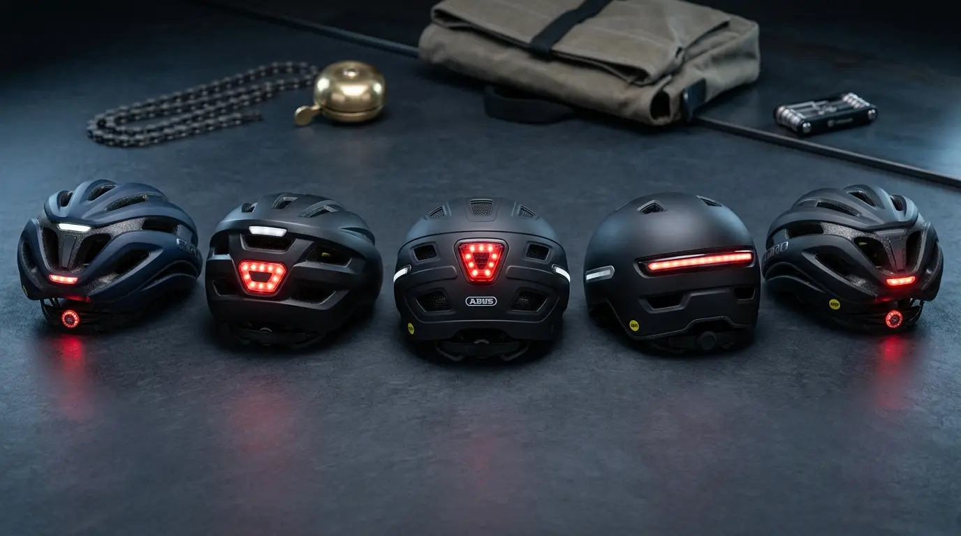 Five bike helmets with lights from Giro, Lumos, UNIT 1, and ABUS, including the Hyban 2.0 MIPS, compared for commuting and visibility.